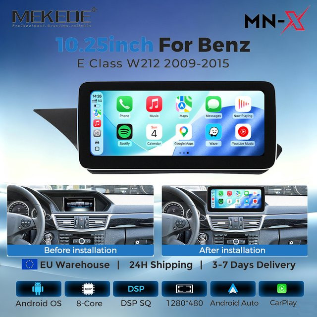 MEKEDE 4G Wireless Carplay Android Auto Autoradio für Mercedes-Benz E-Klasse W212 S212 mit 10,25 Zoll Display, 6GB RAM, 128GB Speicher, GPS, Wifi und Bluetooth in Schwarz - Bild 1