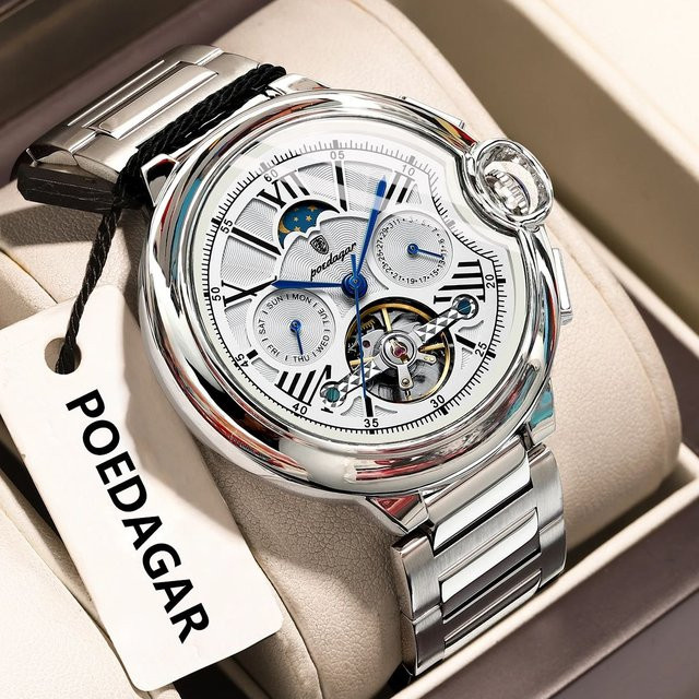 POEDAGAR Armbanduhr Automatik, Edelstahl, Silber, Herren, Datum, Wochentag - Bild 1