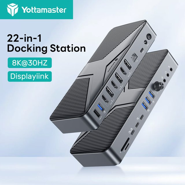 Yottamaster 22-in-1 USB-C Dockingstation mit Dual HDMI 4K 60 Hz, zwei DisplayPort 8K 30 Hz, PD 60 W und RJ45 in Grau - Bild 1