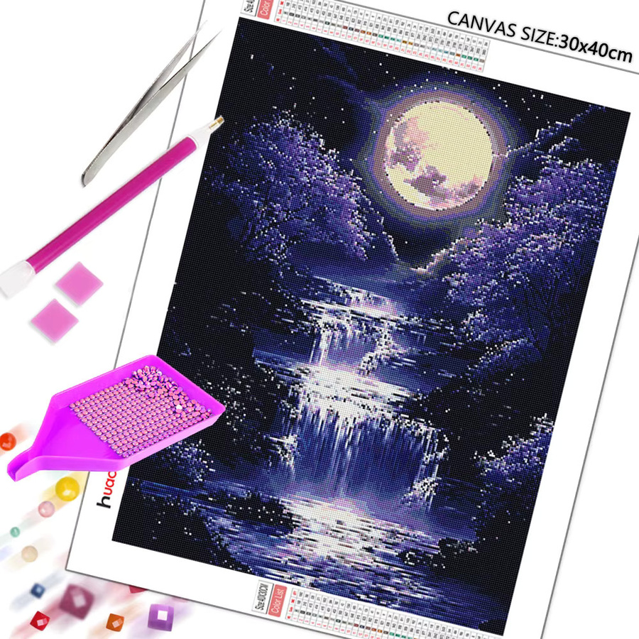 Huacan Diamantmalerei Berglandschaft mit Mond bei Nacht als 5D DIY Mosaik Kunst Wanddeko in Blau, Rund - Bild 2