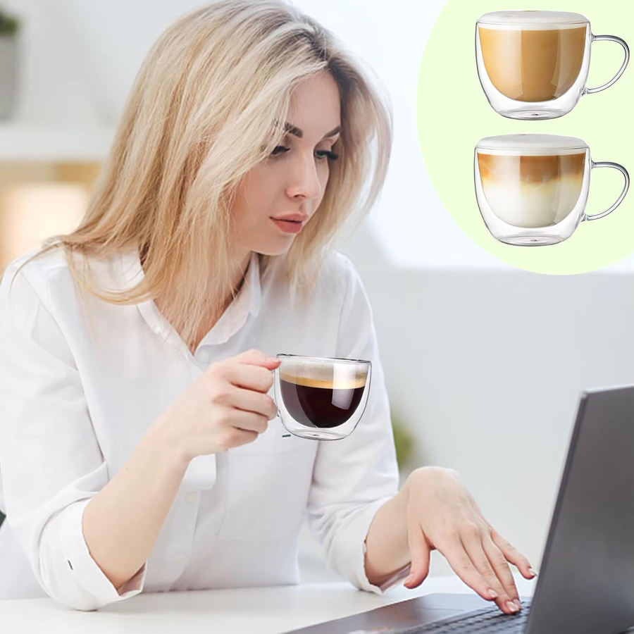 2er Set DHDH doppelwandige Kaffeetassen aus Borosilikatglas in Transparent, 250 ml pro Tasse - Bild 2