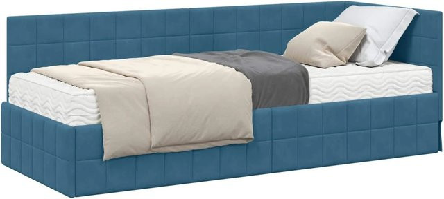 vidaXL Eckbettgestell mit 2 Matratzen und Kopfteil in Blau aus Samt, B/T/H: 204 x 80 x 84 cm - Bild 1