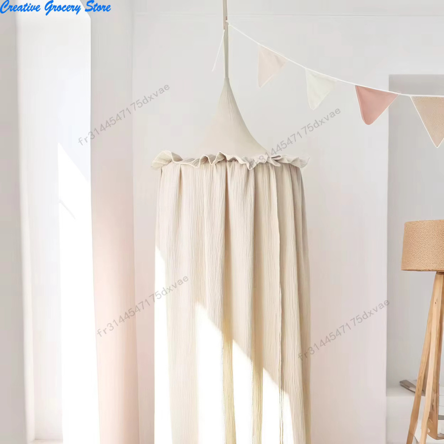 NUOYING Hängender Betthimmel aus Musselin-Baumwolle mit Rüschen für das Kinderzimmer in Blau und Beige - Bild 2