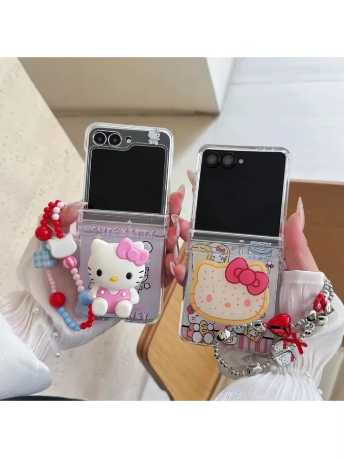 Handyhülle mit Sanrio Hello Kitty Cartoon Design und Ständer-Halter für Samsung Galaxy Z Flip 7, 6, 5, 4, 3, transparente TPU-Hülle mit Umhängeband - Bild 2