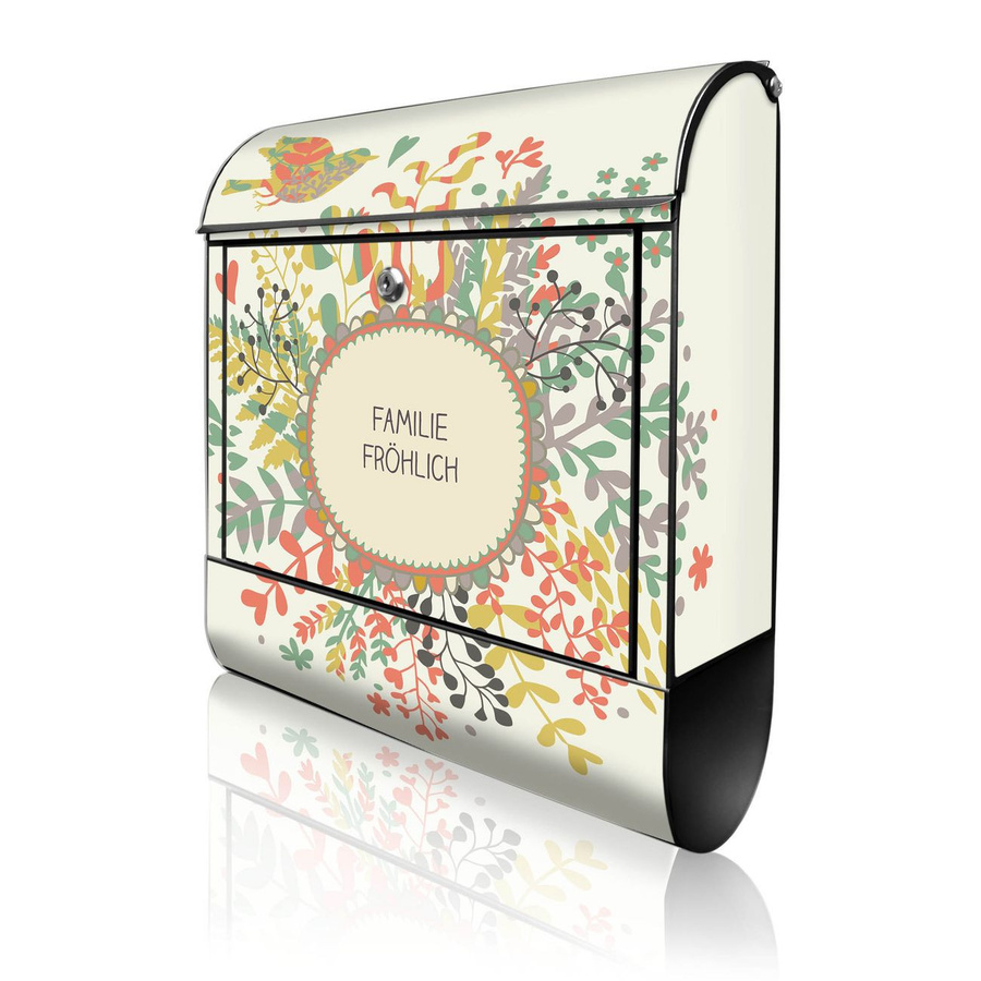 banjado Design Briefkasten aus Stahl in Schwarz mit Frühlingsmotiv und Zeitungsfach, B/T/H: 38 x 47 x 13 cm - Bild 1