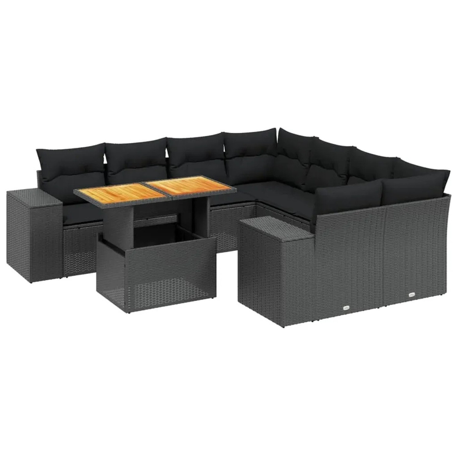 vidaXL 9-tlg. Garten-Sofagarnitur in L-Form aus Poly-Rattan und Akazienholz mit Kissen in Schwarz - Bild 2