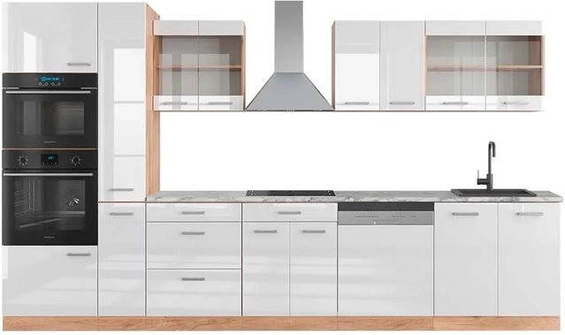 Vicco R-Line Küchenzeile Weiß Hochglanz und Goldkraft Eiche mit Hochschrank, Breite: 350 cm - Bild 1