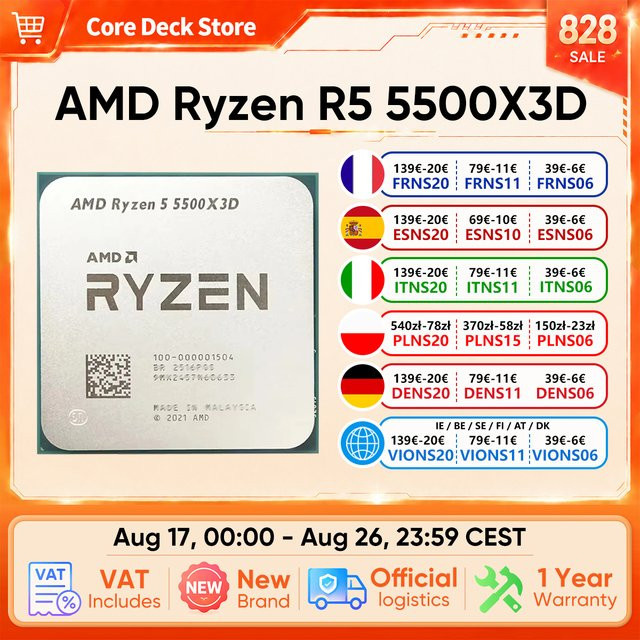 AMD Ryzen 5 5500X3D Prozessor mit 6 Kernen und 12 Threads, Socket AM4, Zen 3 Architektur, 4,0 GHz Boostfrequenz, 96MB Cache, 105W, Silber - Bild 1