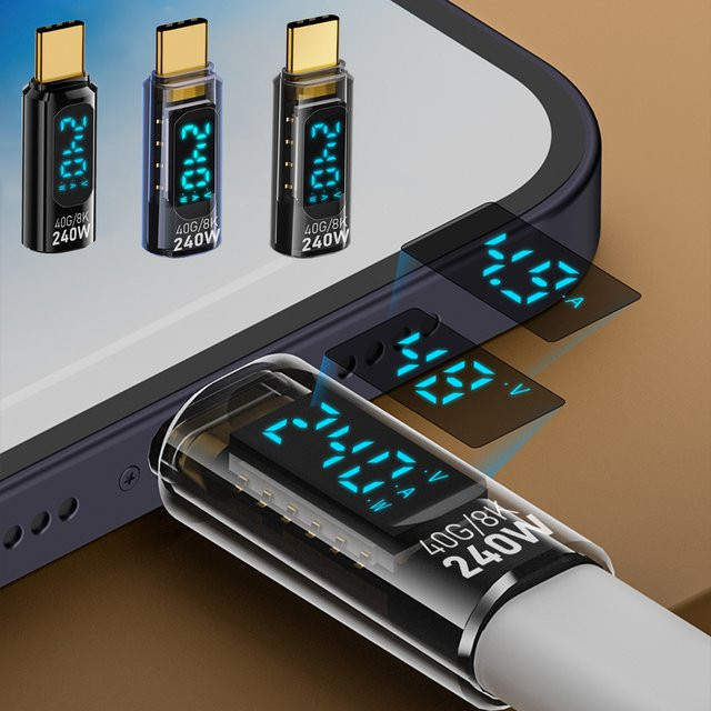 MCGILLON USB Typ-C Adapter mit digitaler LED-Anzeige, PD 240 W und 40 Gbit/s Leistungsmesser, Blau - Bild 1