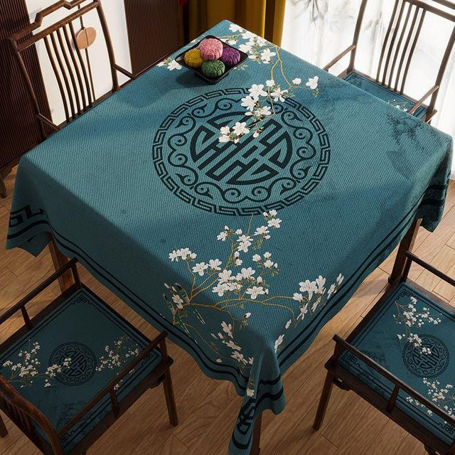 Chenille Tischdecke JMG Household Supplies im klassischen chinesischen Stil, Petrol, B/B: 90 x 90 cm - Bild 1