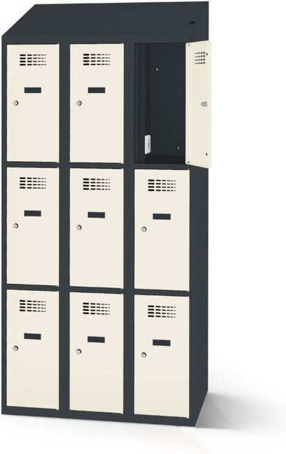 rotstahl Fächerschrank mit Ladefunktion und 9 Fächern in Weiß mit anthrazitgrauem Korpus, B: 90 cm, H: 200 cm - Bild 1