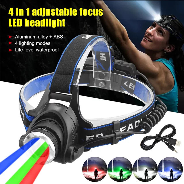 VASTFIRE LED Stirnlampe mit vier Lichtquellen, Teleskop-Fokus, wasserdicht und wiederaufladbar für Angeln, Suche und Camping - Bild 1