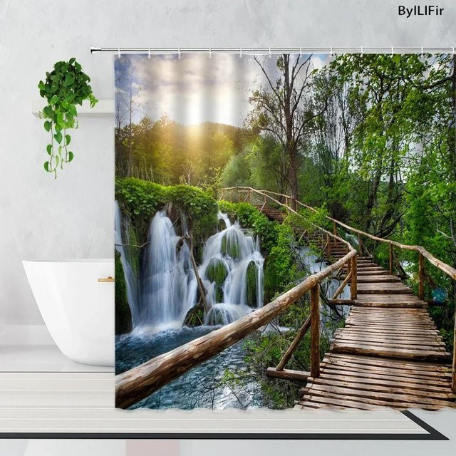 Wasserdichter 3D-Duschvorhang von Dunika Chen mit tropischem Wald-Motiv in Grün und Multicolour, B: 220 cm, H: 180 cm - Bild 1