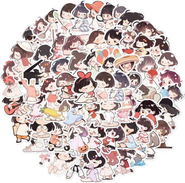 64 Stück Kawaii Q-Version Mädchen Aufkleber Set mit bunten Cartoon Motiven zur Dekoration von Kühlschrank, Telefon, Laptop und Koffer für Kinder - Bild 1