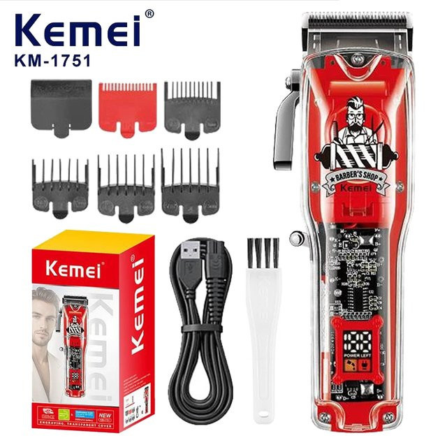 Kemei KM-1751 Haarschneidemaschine, Akku-Trimmer, transparent, rot - Bild 1