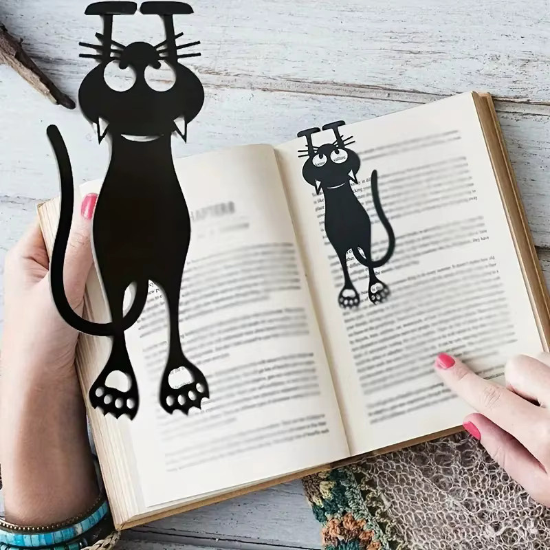 2-teiliges Lesezeichen-Set aus Metall mit schwarzen 3D-Katzenmotiven und Pfoten für Buchliebhaber - Bild 2