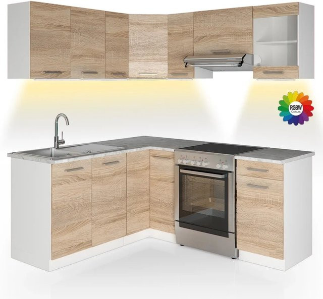 Vicco Rick Eckküche Weiß/Sonoma mit LED-Leisten und Marmor-Optik B/H: 187 x 167 cm - Bild 1