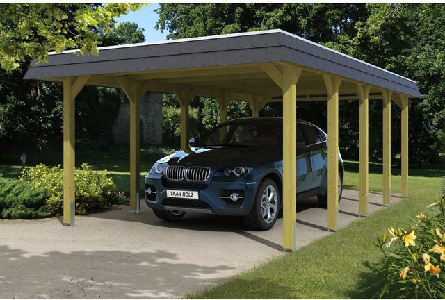 Skan Holz Carport Spessart aus Nadelholz in Grün mit flacher Dachform und EPDM-Dach - Bild 1