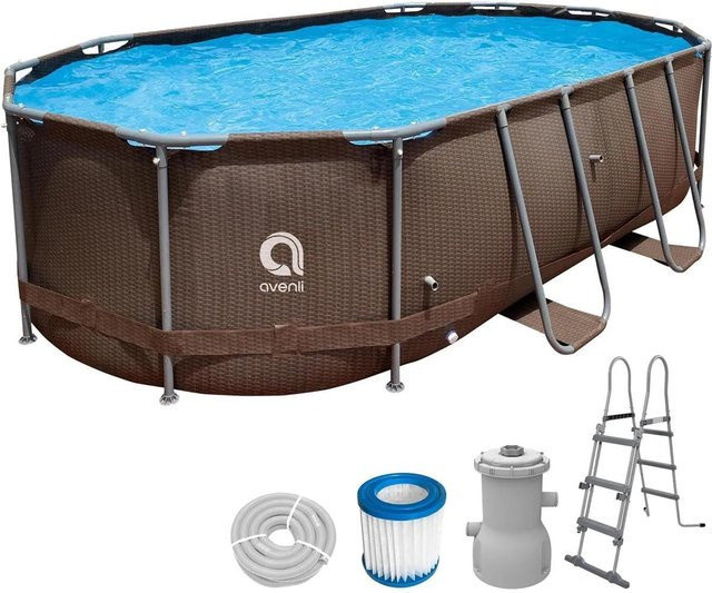 Avenli Frame Stahlrahmenpool Set Oval in RattanBraun mit Filterpumpe, Sicherheitsleiter und Reparaturset, B: 427 cm, T: 275 cm, H: 100 cm - Bild 1
