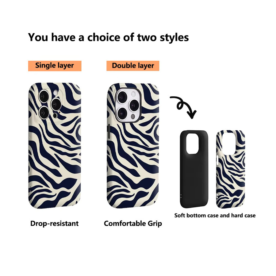 Handyhülle mit Navy & Cream Zebra Stripe Design für Apple iPhone 17 16 15 14 13 Pro Max Plus mit doppelschichtiger Rückseite in Blau und Weiß - Bild 3