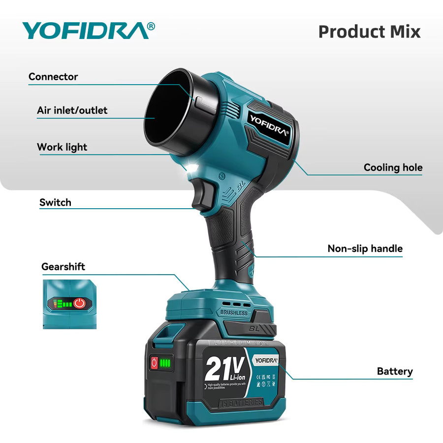YOFIDRA 2 in 1 Bürstenloser Elektrischer Turbo-Gebläse-Jet-Lüfter mit 350m/s und 350000RPM Handgehaltener Laubbläser und Staubbläser für Makita-Akku - Bild 2
