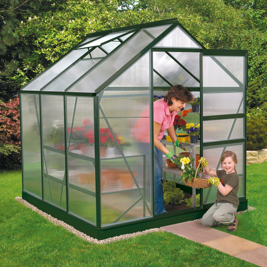 Vitavia Gewächshaus Planet 3800 mit Fundamentrahmen in Smaragdgrün, 3,8 m², Aluminium und Polycarbonat mit Schiebetür und Satteldach - Bild 3