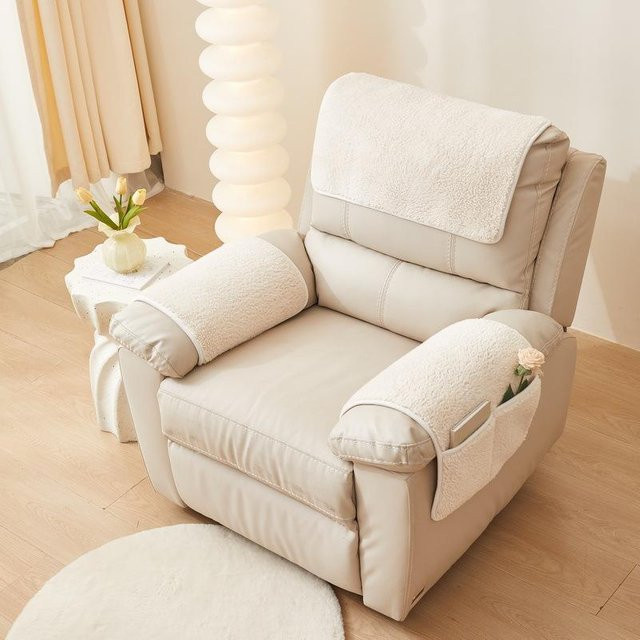 3-teiliges Set Plüsch-Sesselbezug mit Liegesofa-Matte und Aufbewahrungstaschen, Beige, Polyester-Fleece, rutschfest - Bild 1
