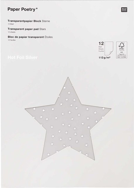 Rico Design Paper Poetry Transparentpapierblock Sterne in Silber, 12 Blatt, B: 21 cm, H: 29,5 cm - Bild 1