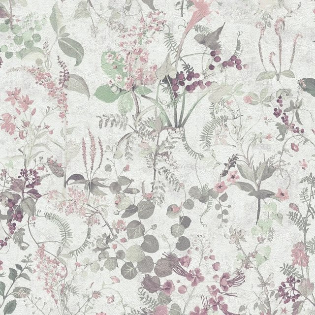 PROFHOME Floral Tapete Blumenmuster Matt in Weiß, Grün, Rosa und Violett, Non-Woven, Breite: 0,53 m, Länge: 10,05 m - Bild 1