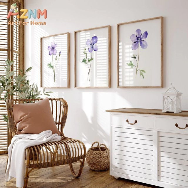 KAYOU Set aus 3 botanischen Aquarell-Postern mit Blumenmotiven in Violett, minimalistische Wanddekoration aus Papier - Bild 1