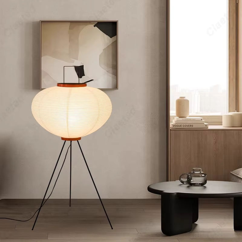 Claeted LED Bodenlampe aus Reispapier im Retro-Minimalismus für Wohnzimmer und Schlafzimmer, Weiß/Schwarz, Warmweißes Licht - Bild 4