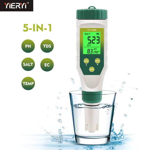 Yieryi 5-in-1 Digitales Messgerät für pH-Wert, Salzgehalt, TDS, EC und Temperatur in Weiß - Bild 1