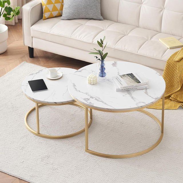 Rosahqnda 2er-Set Couchtisch in Marmoroptik mit rundem Metallrahmen in Gold oder Schwarz für dein Wohnzimmer - Bild 1