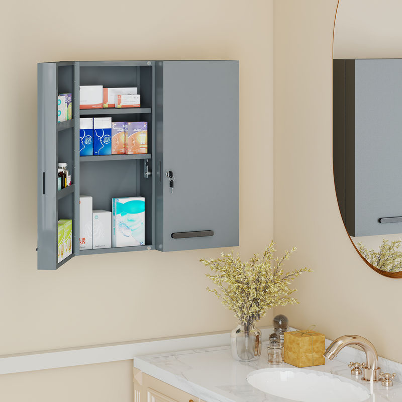 kleankin Medizinschrank aus Stahl mit 2 Türen und 6 Regalen, abschließbarer Erste-Hilfe-Schrank für Küche, Flur oder Wohnzimmer, Farbe: Anthrazit/Grau, B/T/H: 55 x 18 x 60 cm - Bild 2