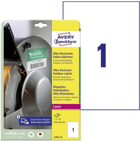 Avery Zweckform L7917-10 Folien-Etiketten aus weißer Polyethylen-Folie für Laserdrucker, 10 Stück, B/H: 21,0 x 29,7 cm - Bild 1