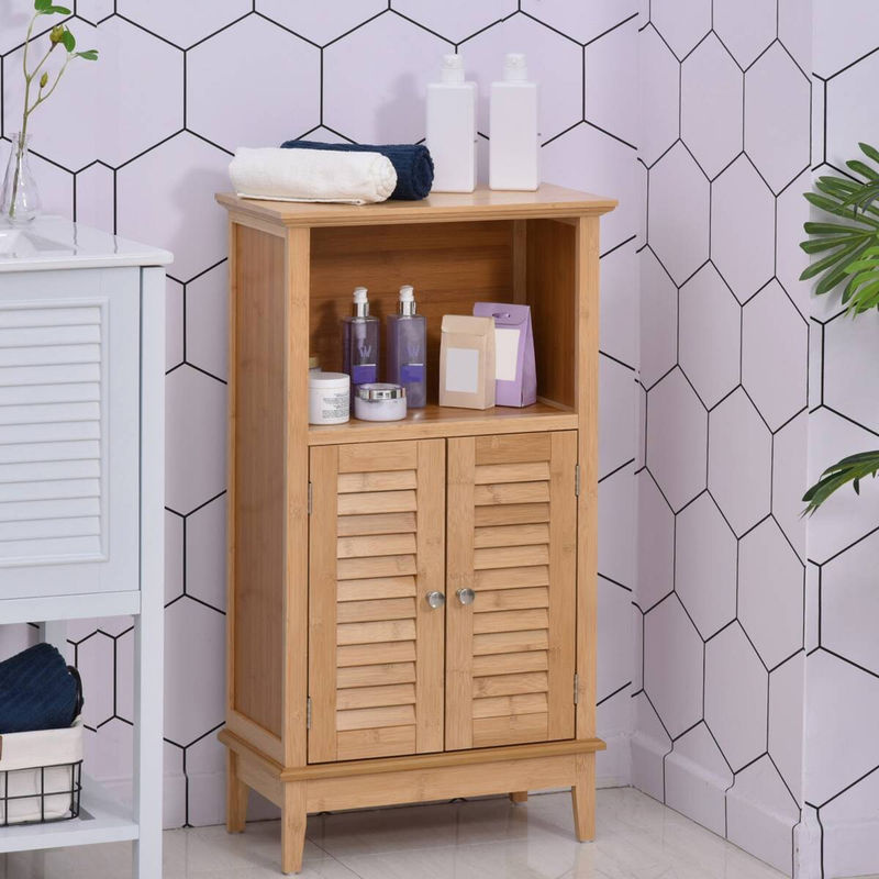 HOMCOM Badschrank aus Bambus mit 2 Lamellentüren und offenen Regalfächern, Farbe: Natur/Beige/Braun, B/T/H: 25,5 x 50,0 x 92,0 cm - Bild 2