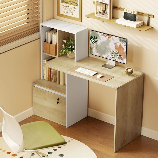 Svintora Computertisch in Weiß und Braun mit Bücherregal und abschließbarem Aufbewahrungsschrank, moderner Schreibtisch aus MDF-Laminat mit mattem Finish - Bild 1