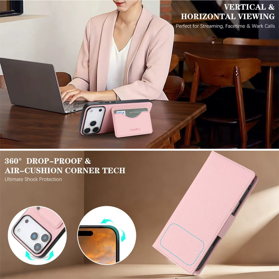 Aierkeba 2-in-1 Handyhülle mit abnehmbarer RFID-blockierender Brieftasche und Handschlaufe für iPhone, Farbe: Pink - Bild 3