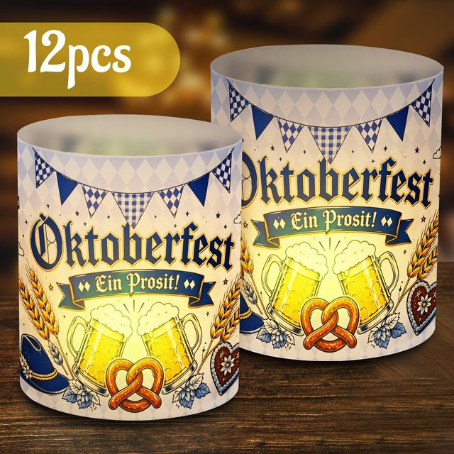 12 Stück Kerzenlampenschirme im Oktoberfest-Design mit blau-weiß kariertem Muster, Bierkrügen und Brezeln, Farbe: Blau-Weiß/Mehrfarbig, Durchmesser: 27 cm - Bild 1