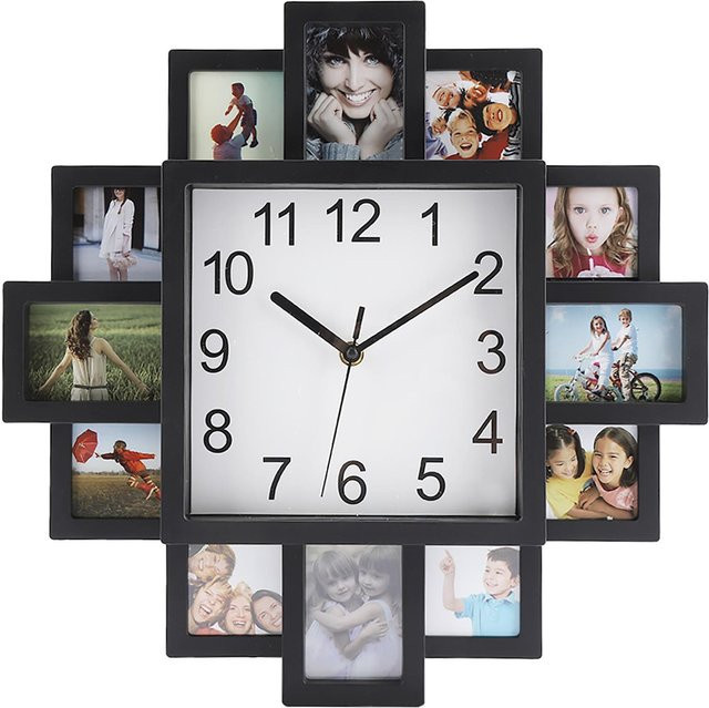 TOMTOP JMS 2 in 1 Wanduhr und Fotorahmen aus Kunststoff mit floralem Design in Schwarz, Analog, Durchmesser: 38,5 cm - Bild 1