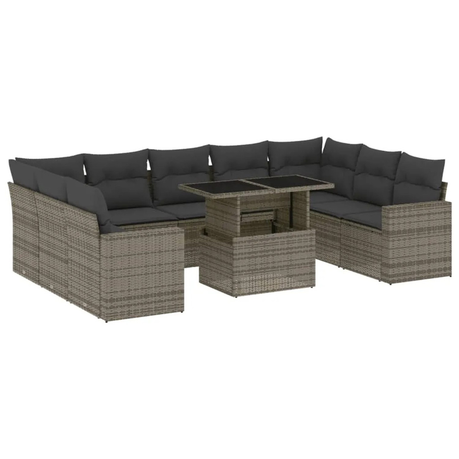 vidaXL 10-tlg. Garten-Sofagarnitur in L-Form aus grauem Poly-Rattan mit UV-beständigen Kissen und pulverbeschichtetem Stahlgestell - Bild 2