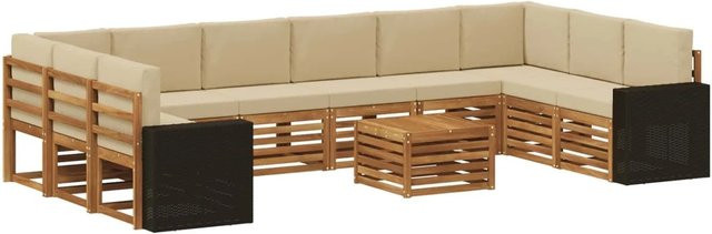 vidaXL Outdoor-Sofagarnitur in U-Form aus Akazienholz mit 11 Teilen, Farbe Natur und Beige, mit wetterfesten Polyester-Kissen und Armlehnen - Bild 1