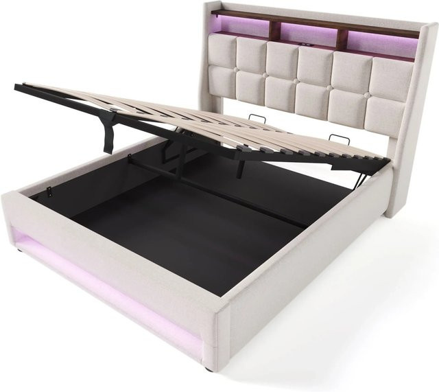 okwish Polsterbett in Beige mit LED-Lichtleiste und USB-Anschluss, B/T/H: 140 x 200 x 117 cm - Bild 1