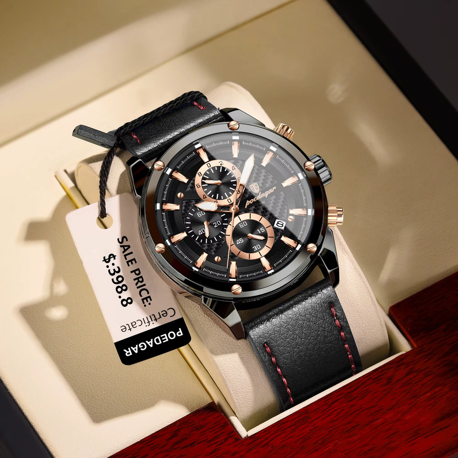POEDAGAR Chronograph, Leder, Quarz, Schwarz, Herren - Bild 6