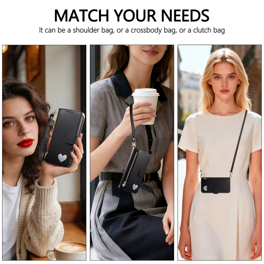 Samsung Crossbody Handgelenk-Tasche aus PU-Leder mit Reißverschluss und Kartenfächern für Galaxy S25 Plus, S24 FE, S23 Ultra und S22 in Schwarz - Bild 4