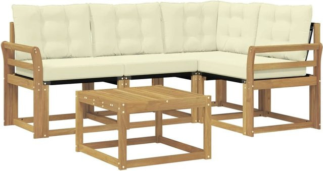 vidaXL Outdoor-Sofagarnitur 5-teilig in L-Form mit Kissen und Couchtisch aus Akazienholz in Weiß und Beige - Bild 1