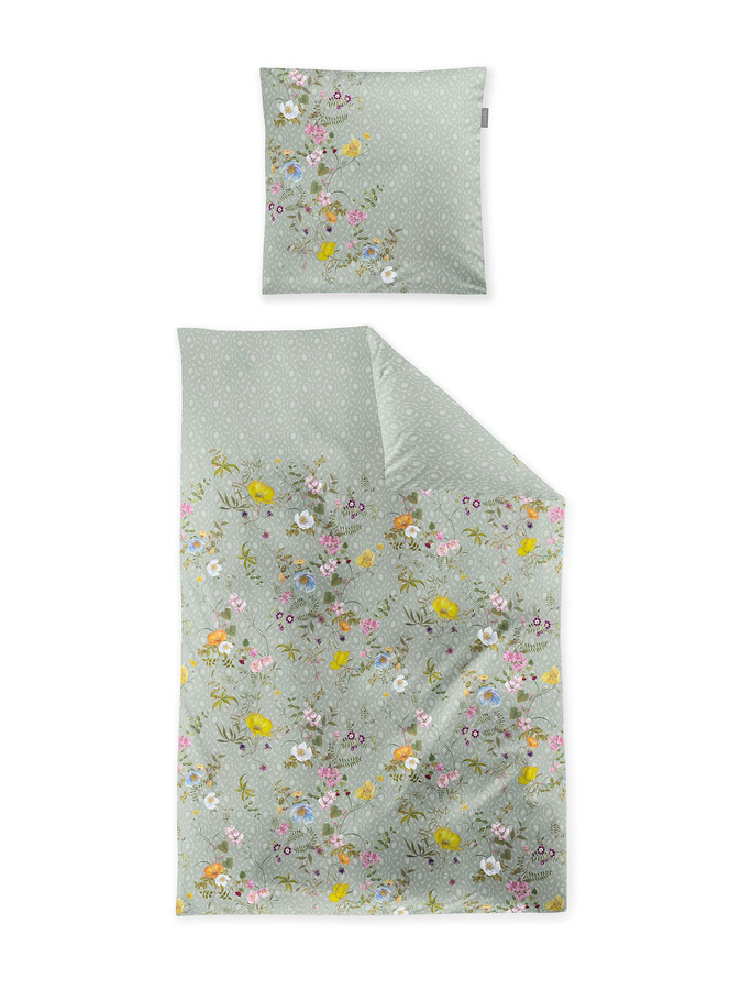 Irisette Tokio Mako-Satin Bettwäsche mit Wiesenblumen Ranken in Grün, Bettbezug 155 x 220 cm und Kissenbezug 80 x 80 cm - Bild 1