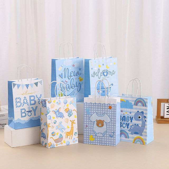 6er Set Cartoon Geschenkverpackungen aus Papier in Blau für Baby Shower und Gender Reveal Partys - Bild 1