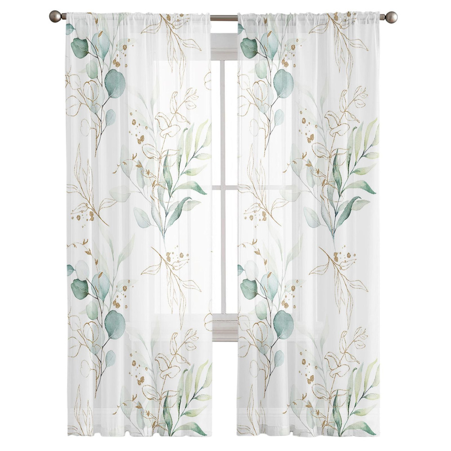 Transparenter Tüll-Vorhang mit grünem Eukalyptus-Blattmuster aus Organza und Ösen, Breite: 100 cm, Höhe: 250 cm - Bild 2