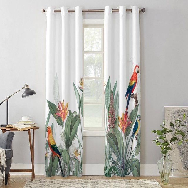 Ins Style Vorhänge mit tropischen Pflanzen und Papagei, Farbe: Weiß, Breite: 135 cm, Höhe: 60 cm - Bild 1